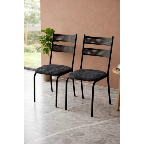 Kit 2 Cadeiras Life Estilo Industrial Reforçada Cozinha Aço Preto Estofado Estampado Ramado Preto