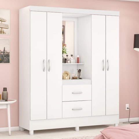 Guarda Roupa Solteiro 4 Portas com Espelho e 2 Gavetas Loanda - Branco/rosa/branco