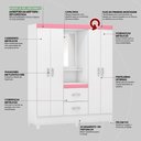Ver imagem 6 de Guarda Roupa Solteiro 4 Portas com Espelho e 2 Gavetas Loanda - Branco/rosa/branco