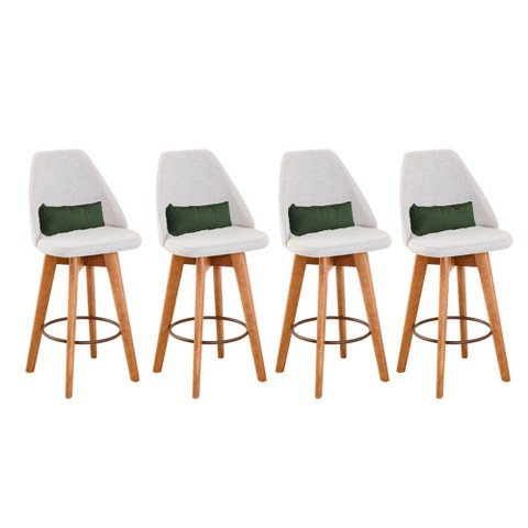 Kit 04 Banquetas Alta Maya Giratória Com Encosto Linho Bege Claro e Almofada Suede Verde Musgo -