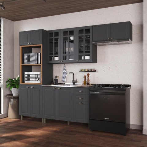 Armário de Cozinha Modulada Compacta Fidelitá Nara 100% MDF 4 Peças 270cm 12 Portas 2 Gavetas sem
