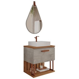 Armário Gabinete Duna 60cm Cimento/freijó para Banheiro com Cuba e Espelho Gota - Mgm - 1