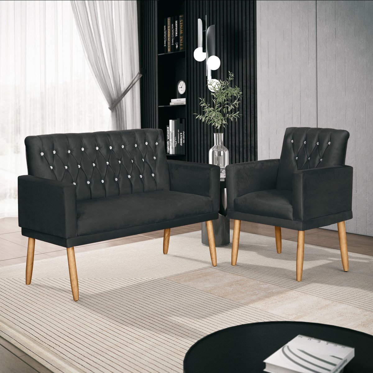 Kit Lauren Namoradeira + Poltrona Decorativa para Sala de Estar Preto ...