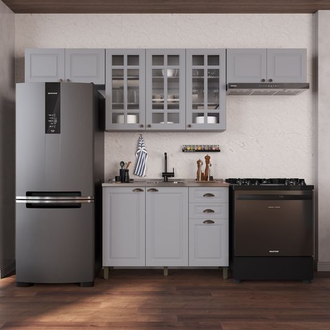 Cozinha Modulada 4 Peças 1 Balcão sem Tampo 3 Aéreos 100% MDF com Vidro Bari Cinza/Titânio Fosco