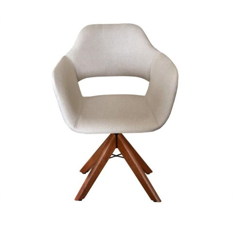 Poltrona Zara Giratória em Linho com Base de Madeira Bege Bella Decor