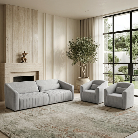 Conjunto Sofá Living Ísis e Duas Poltronas Tecido Acquablock Pet Friendly Linho Cinza Claro 2,30m