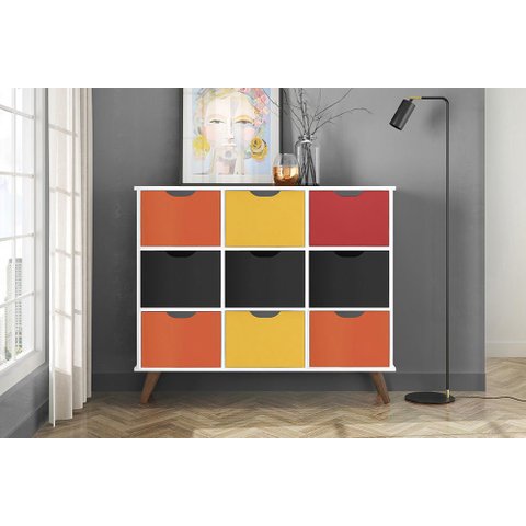 Nicho Organizador Retro Branco com 9 Gavetas Preto/Colorida 108 x 92,5cm - FdECOR