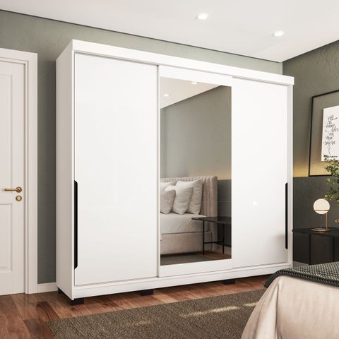 Guarda Roupa Solteiro 3 Portas Correr com Espelho 220cm Madrid Politorno Móveis
