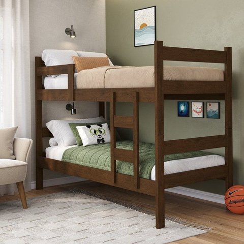 Beliche Solteiro com Escada e Proteção Antiquedas 100% MDF Prisma Plus Amadeirado Marrom