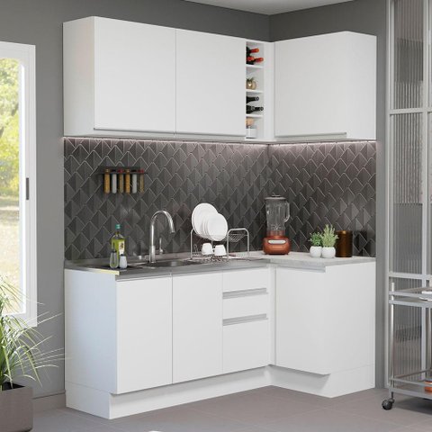 Armário de Cozinha Compacta de Canto 269cm Branco Glamy Madesa 01
