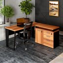 Ver imagem 1 de Mesa L Escritório 1,5m Pé Metal Armário 3 Gavetas 1 Porta F5 Cor:nogal com Preto
