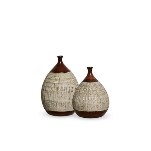 Dupla Garrafa Mimo Decoração em Cerâmica Marrom e Palha Ganash
