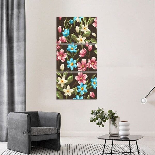 Quadro Artístico Floral decorativo Mosaico Vertical 3 Peças - 1