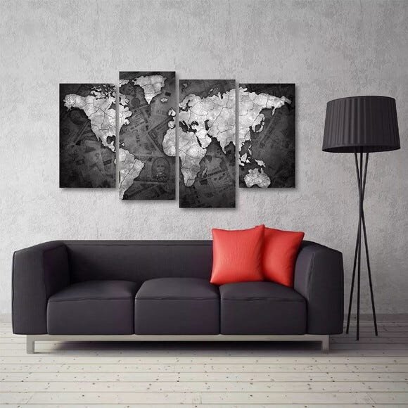 Quadro Decorativo Mapa Mundi Preto E Branco Tecido 4 Peças 1 - 1