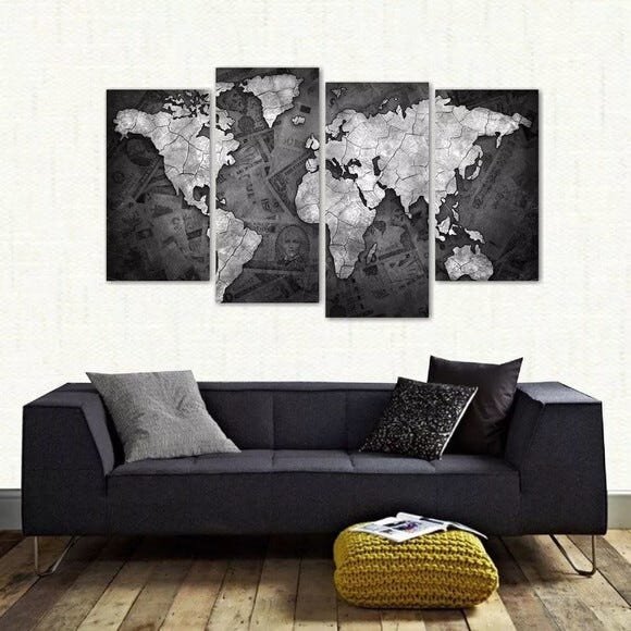 Quadro Decorativo Mapa Mundi Preto E Branco Tecido 4 Peças 1 - 2