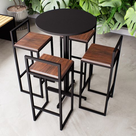 Conjunto Mesa Redonda Alta Preta 4 Cadeiras Pequena Estofado Industrial Black Don Castro Decor Indus