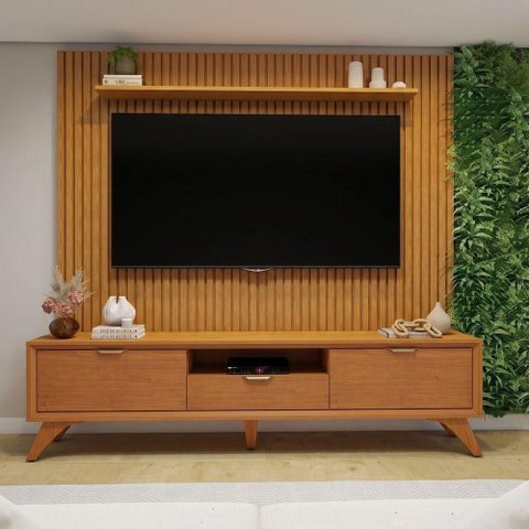 Conjunto Painel + Rack Lyon + Viena 220cm 3 Gavetas MDP Naturalle Mavaular Móveis