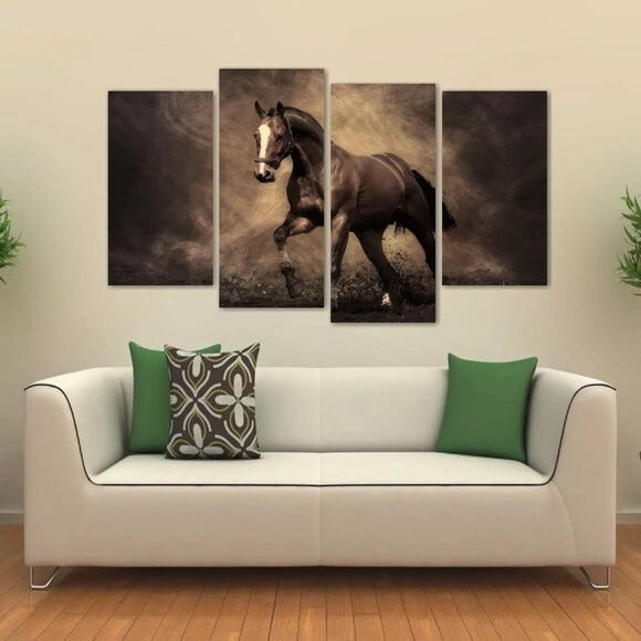 Quadro Decorativo Cavalo Preto Sala Quarto Em Tecido 4 Peças - 1