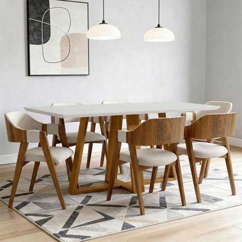 Conjunto de Jantar Elian 6 Lugares Tampo em Vidro Off White 160cm Lyam Decor