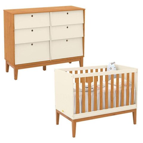 Berço Americano e Cômoda 6 Gavetas Unique Off White Freijó Eco Wood - Matic