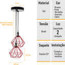 Ver imagem 3 de Lustre com 2 Pendentes Diamante - Vermelho - 2-2100-2
