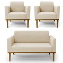 Ver imagem 1 de Sofá Namoradeira e 2 Poltronas Base Madeira Castanho Maressa Suede Bege - Ibiza