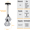 Ver imagem 3 de Lustre com 2 Pendentes Diamante - Preto - 2-2100-3
