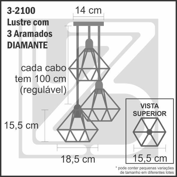 Lustre com 3 Pendentes Diamante - PRETO - 3-2100-3 - 3