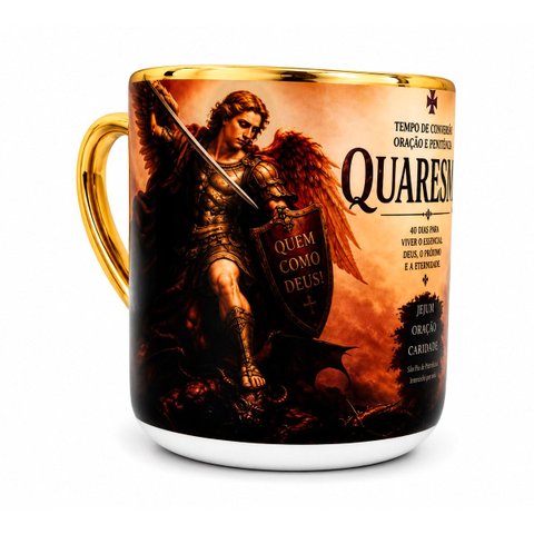 Caneca e Chaveiro Quaresma São Miguel Arcanjo e Santo Padre Pio Fé e Oração