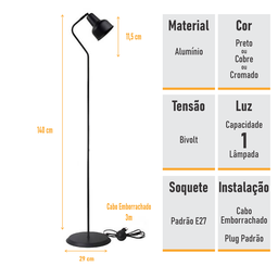 Luminária Coluna Abajur Piso Chão Spot City - Preto - 3110-3 - 3