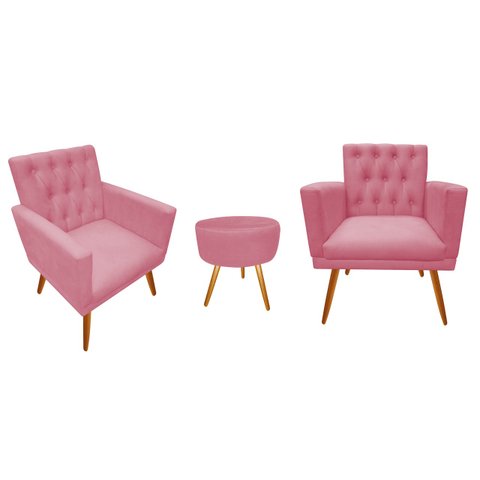 Kit 2 Poltronas Decorativa Nina Capitonê + Puff Redondo Suede Rosa Pés Madeira Ms Decor