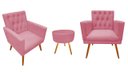 Ver imagem 1 de Kit 2 Poltronas Decorativa Nina Capitonê + Puff Redondo Suede Rosa Pés Madeira Ms Decor