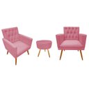 Ver imagem 1 de Kit 2 Poltronas Decorativa Nina Capitonê + Puff Redondo Suede Rosa Pés Madeira Ms Decor