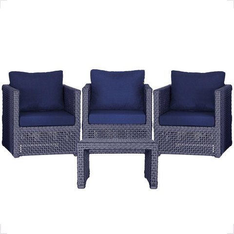 Mesa e 3 Poltronas Madri Corda Náutica Estofado 10 Trama Azul