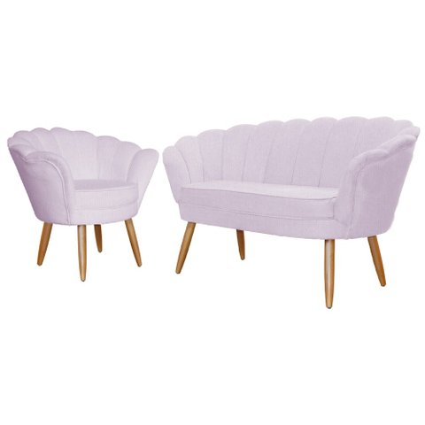 Kit Namoradeira + 1 Poltrona Decorativa Pétala Suede Rosê Pés Madeira Ms Decor