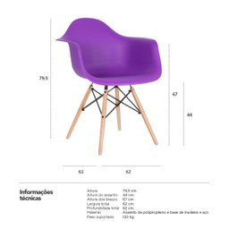 Cadeira Charles Eames Eiffel com Braços - Daw - Roxo - Madeira Clara - 6
