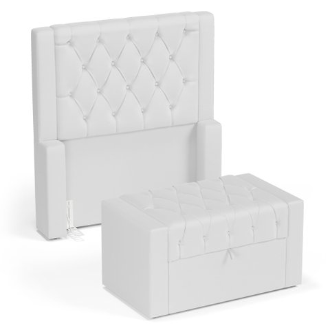 Cabeceira e Calçadeira Báu Solteiro Atena 90cm Capitonê Sintético Branco - Desk Design