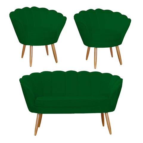 Combo Pétala Namoradeira e 2 Poltronas Decorativa Estofada Suede Verde - LM DECOR
