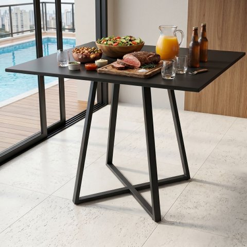 Mesa Santorine Quadrada Estilo Industrial Sala de Jantar e Reunião MDF e Aço Preto/Preto Lh Móveis