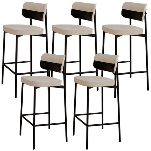 Kit 05 Banquetas Alta Bar Cozinha Sala de Jantar Aço Preto Kaira C01 Linho Areia Courino Preto - Lya