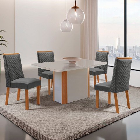 Mesa de Jantar Isadora 120cm Tampo MDF Vidro Canto Copo com 4 Cadeiras Yasmin