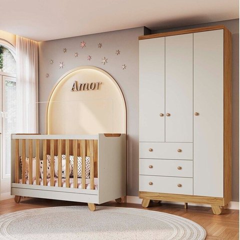 Quarto de Bebê Guarda Roupa Berço Minicama 4 em 1 Levy MDF Espresso Móveis Bege/Amêndoa/Off White