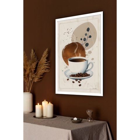 Quadro Decorativo Xícara de Café com Grãos - 70x50cm:moldura Preta
