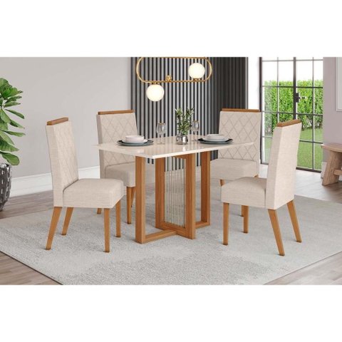 Conjunto: Mesa Sala Jantar Natalí C/ Tampo Madeirado C/ Vidro Reto 120x80cm e 4 Cadeiras Nina