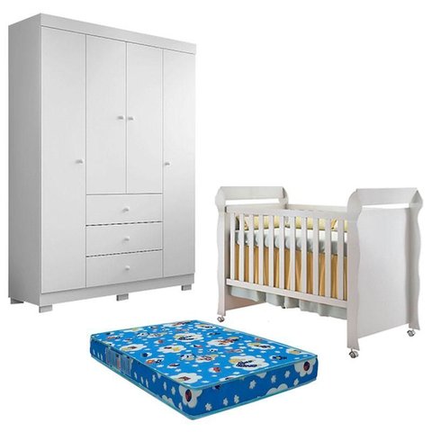 Berço Americano Mirelle e Guarda Roupa 4 Portas Duda Branco Brilho com Colchão Ortobom – Phoenix Bab