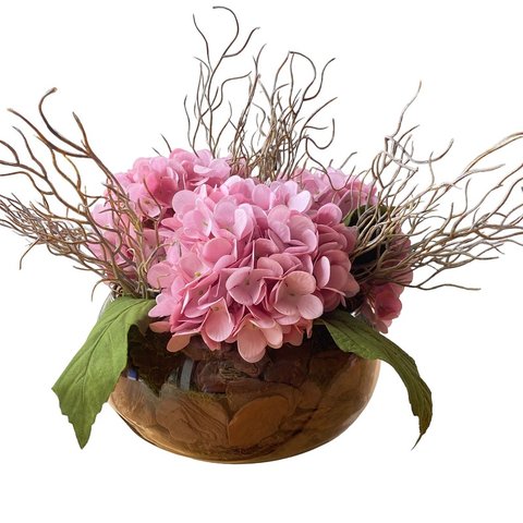 Arranjo Grande Centro de Mesa Hortênsias Rosa Artificial Vaso Incolor