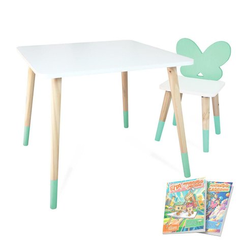 Mesa e Cadeira Infantil Borboletinha Kit Livro Educativo em Madeira - Verde Claro