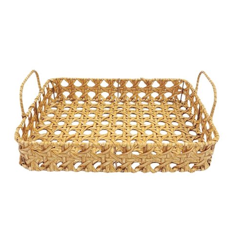 Cesta Retangular com Alça em Palhinha Sintética Bege 32x25cm Estrutura Metal