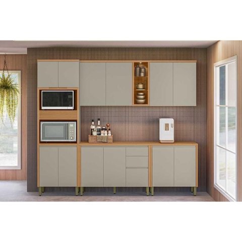 Cozinha Completa Allure 5 Peças (2aéreos+2balcões+1torrequente) Cp08 Jequitiba/gris Fosco - Linea