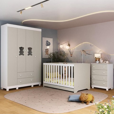 Quarto de Bebê Completo com Berço Americano 3 em 1 Fofura Multimóveis Mp4649 Branco/off White